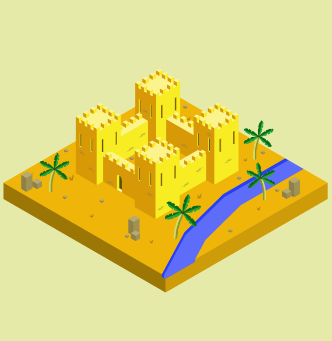 J'ai réalisé cette illustration sur Affinity Designer. L'illustration du château dans le désert est en perspective isométrique.