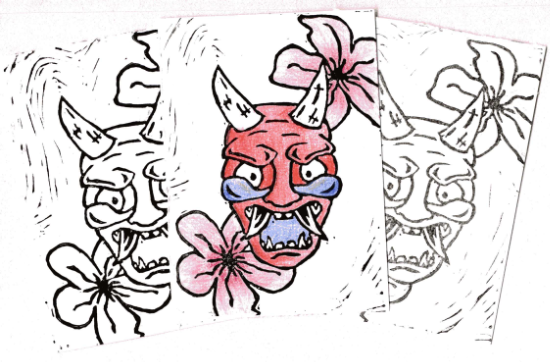 Pour cette linogravure, je me suis inspiré de dessins de leenyflash, un tatoueur. J'ai pu imprimer plusieurs fois cette gravure et la colorier comme sur l'image.